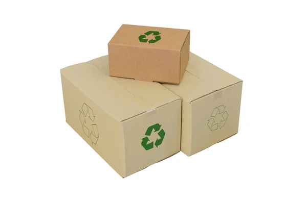 Cardboard Boxes Recycle Sign Different Sizes Stacked Boxes Isolated White — Stock Photo, Image