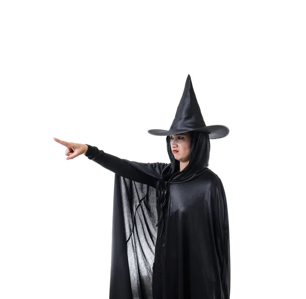 Portrait Woman Black Scary Witch Halloween Costume Standing Hat Pointing — Stock Photo, Image