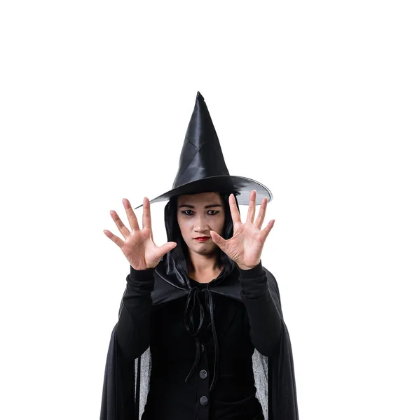 Portrait Femme Noir Costume Effrayant Halloween Sorcière Debout Avec Chapeau — Photo