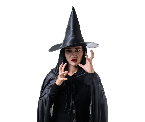 Retrato Mujer Traje Halloween Bruja Miedo Negro Pie Con Sombrero — Foto de Stock