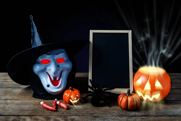 Cadılar Bayramı Arka Plan Halloween Pumpkins Siyah Örümcek Ahşap Zemin — Stok fotoğraf