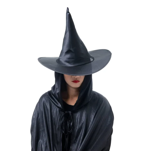 Portrait Woman Black Scary Witch Halloween Costume Standing Hat Isolated — Stock Photo, Image