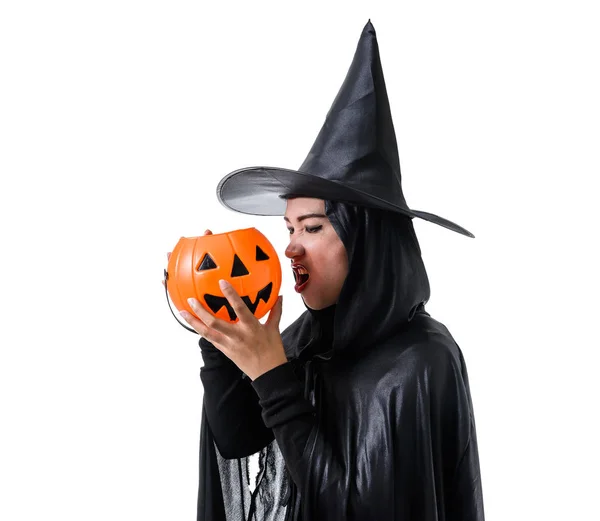 Portrait Woman Black Scary Witch Halloween Costume Standing Hat Holding — Stock Photo, Image