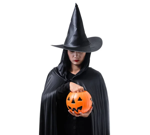 Ritratto Donna Costume Halloween Strega Nera Spaventosa Piedi Con Cappello — Foto Stock