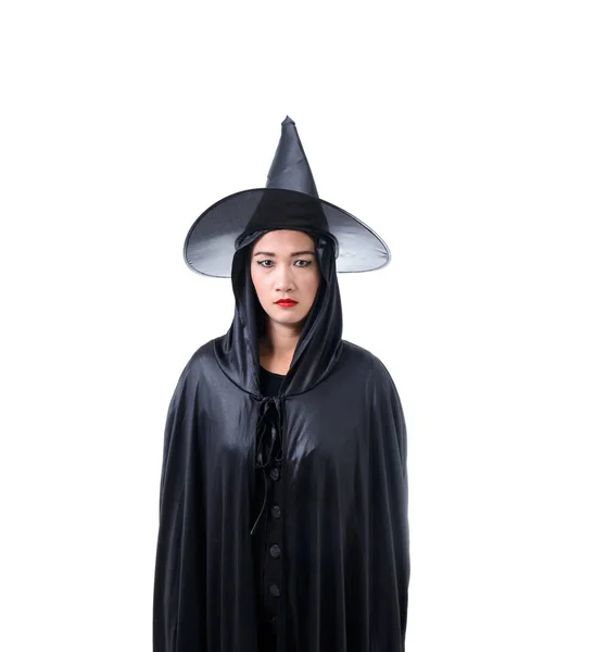 Ritratto Donna Costume Strega Nera Spaventoso Halloween Piedi Con Cappello — Foto Stock