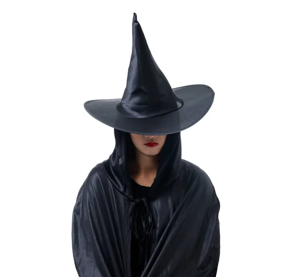 Retrato Mulher Preto Fantasia Assustador Bruxa Halloween Com Chapéu Isolado — Fotografia de Stock