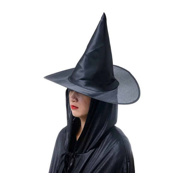 Portret Kobiety Czerni Przerażający Witch Halloween Kostium Stojąc Kapelusz Białym — Zdjęcie stockowe