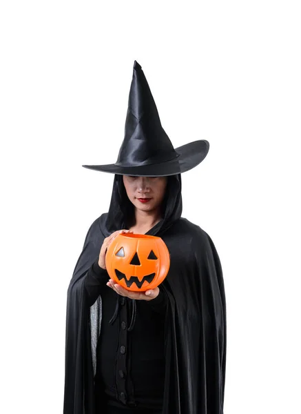 Ritratto Donna Costume Halloween Strega Nera Spaventosa Piedi Con Cappello — Foto Stock