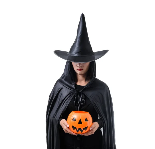 Retrato Mulher Preto Fantasia Bruxa Assustadora Halloween Com Chapéu Segurando — Fotografia de Stock
