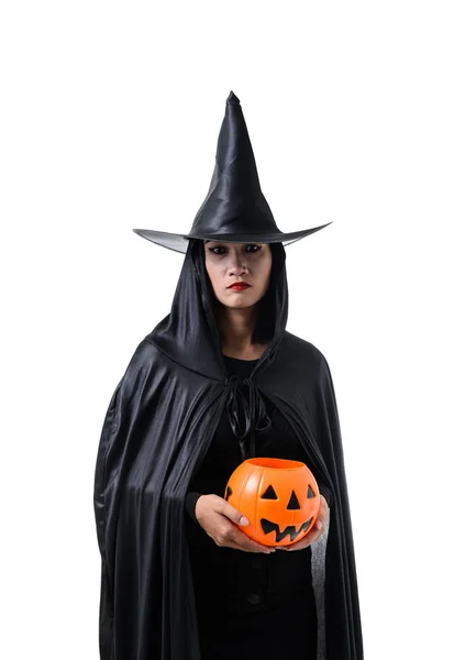 Ritratto Donna Costume Halloween Strega Nera Spaventosa Piedi Con Cappello — Foto Stock