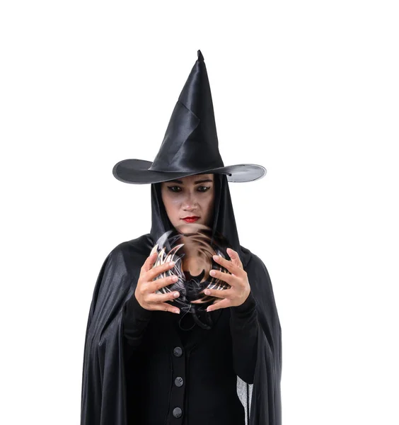 Portrait Femme Noir Effrayant Costume Sorcière Halloween Debout Avec Chapeau — Photo