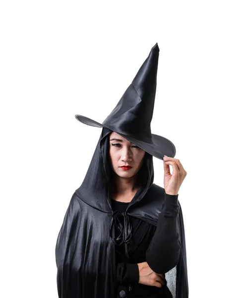 Portrait Woman Black Scary Witch Halloween Costume Standing Her Hand Stock Image