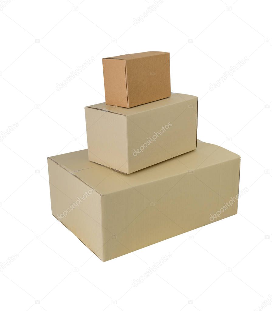 Cardboard boxes in different sizes stacked boxes isolated on white background with clipping path