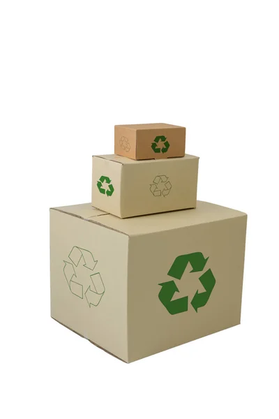 Cardboard Boxes Recycle Sign Different Sizes Stacked Boxes Isolated White — Stock Photo, Image