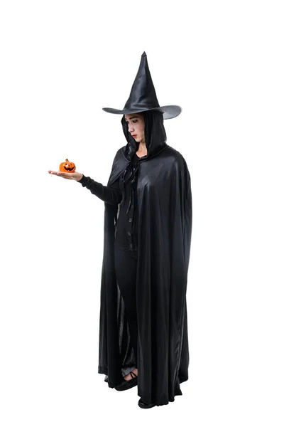 Portrait Femme Noir Costume Effrayant Halloween Sorcière Debout Avec Chapeau — Photo