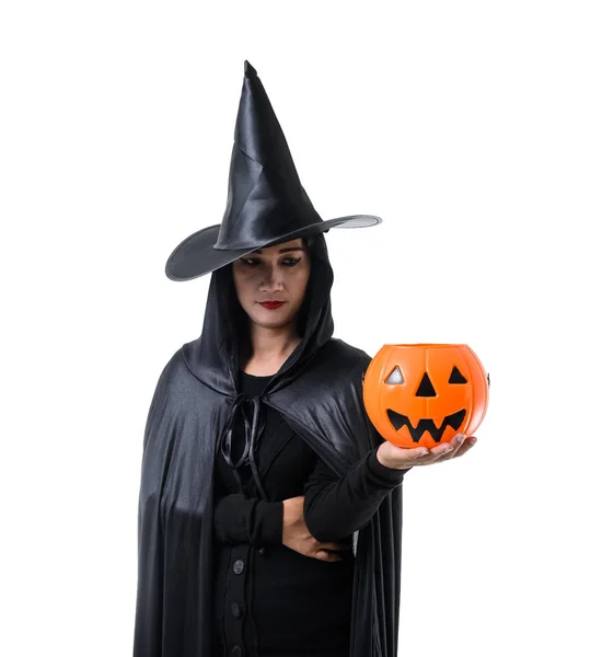 Ritratto Donna Costume Halloween Strega Nera Spaventosa Piedi Con Cappello — Foto Stock