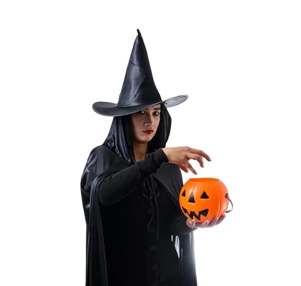 Portrait Femme Noir Costume Effrayant Halloween Sorcière Debout Avec Chapeau — Photo