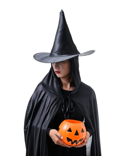 Ritratto Donna Costume Halloween Strega Nera Spaventosa Piedi Con Cappello — Foto Stock