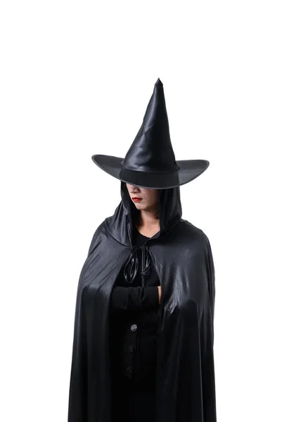 Fekete Portréja Ijesztő Boszorkány Halloween Jelmez Kalappal Elszigetelt Fehér Background — Stock Fotó