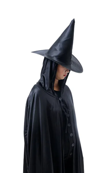 Portrait Femme Noir Costume Effrayant Sorcière Halloween Debout Avec Chapeau — Photo