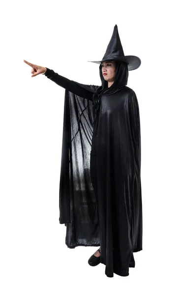 Portrait Femme Noir Costume Effrayant Halloween Sorcière Debout Avec Chapeau — Photo