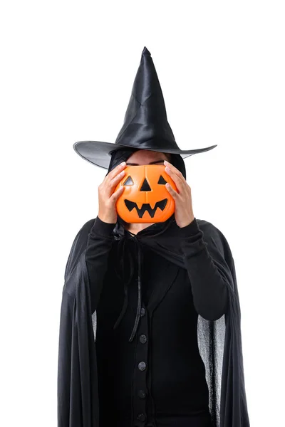 Retrato Mujer Traje Halloween Bruja Miedo Negro Pie Con Sombrero —  Fotos de Stock