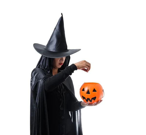 Portrait Femme Noir Costume Effrayant Halloween Sorcière Debout Avec Chapeau — Photo