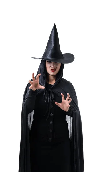 Fekete Ijesztő Portréja Boszorkány Halloween Jelmez Kalappal Állt Motyog Elszigetelt — Stock Fotó