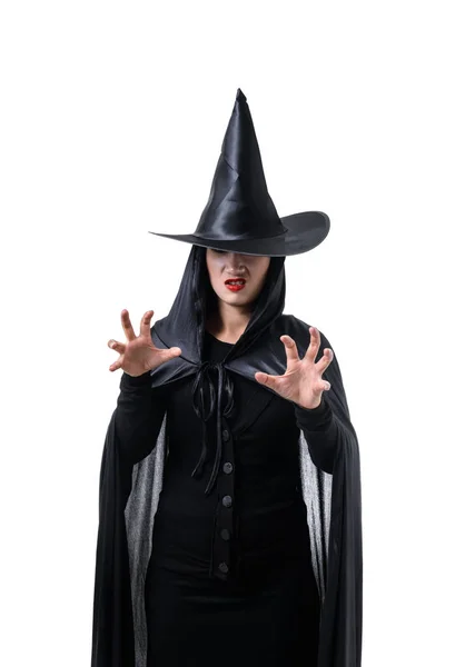 Retrato Mulher Preto Fantasia Assustador Bruxa Halloween Com Chapéu Murmúrio — Fotografia de Stock