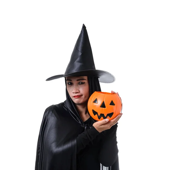 Portrait Femme Noir Costume Effrayant Halloween Sorcière Debout Avec Chapeau — Photo