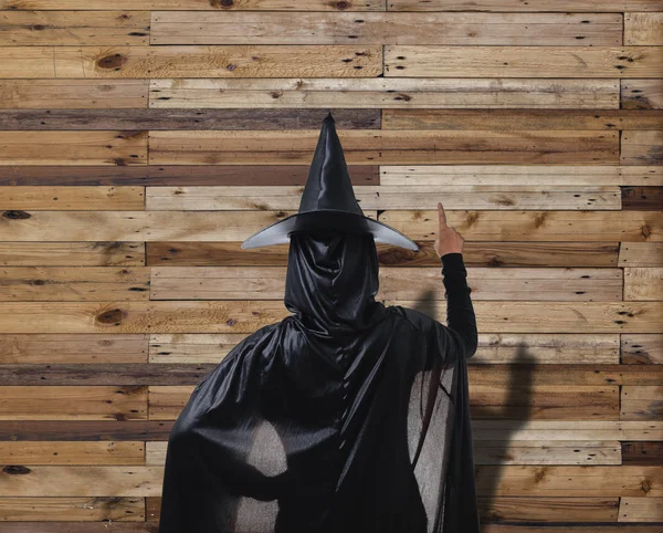 Hát Nézd Portréja Fekete Ijesztő Boszorkány Halloween Jelmez Fali Panelek — Stock Fotó