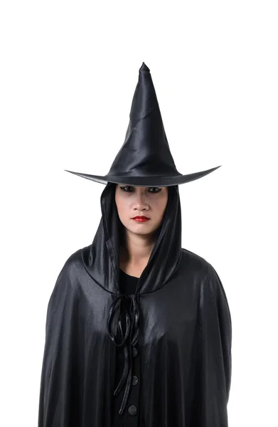 Portrait Woman Black Scary Witch Halloween Costume Standing Hat Isolated — Stock Photo, Image