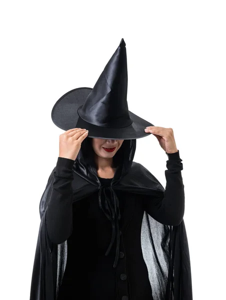 Ritratto Donna Costume Strega Nera Spaventosa Halloween Piedi Sua Mano — Foto Stock