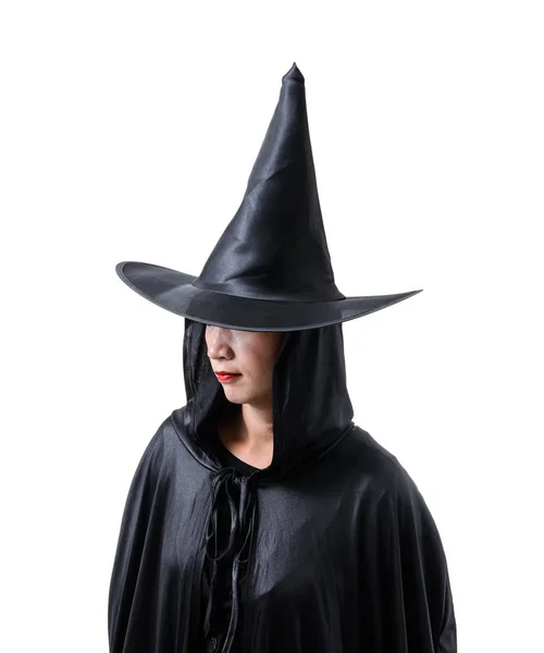 Fekete Portréja Ijesztő Boszorkány Halloween Jelmez Kalappal Elszigetelt Fehér Background — Stock Fotó