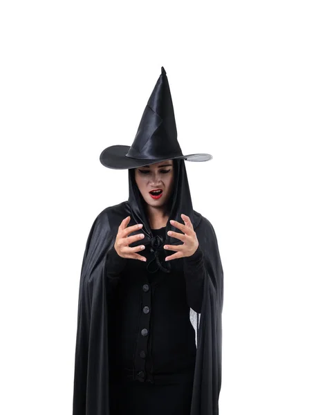 Portrait Femme Noir Effrayant Costume Sorcière Halloween Debout Avec Chapeau — Photo
