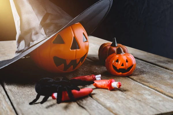 Fond Halloween Avec Citrouilles Chapeau Sorcière Araignée Noire Sur Fond — Photo