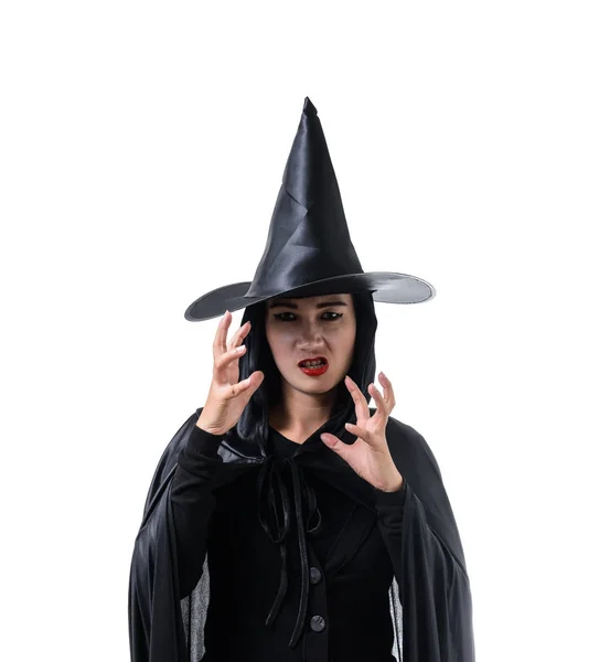 Portrait Woman Black Scary Witch Halloween Costume Standing Hat Mutter Stock Photo