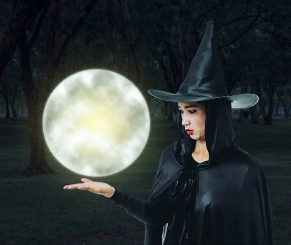 Portrait Woman Black Scary Witch Halloween Costume Moonlight Dark Forest — Stock Photo, Image