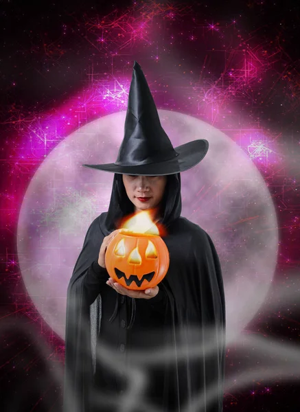 Portrait Woman Black Scary Witch Halloween Costume Holding Halloween Pumpkin — Stock Photo, Image