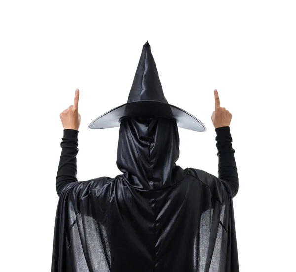 Back View Woman Black Scary Witch Halloween Costume Standing Hat — Stock Photo, Image