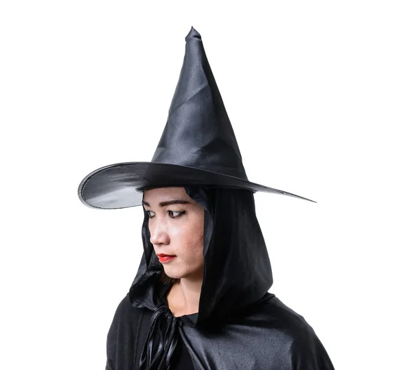 Portret Kobiety Czerni Przerażający Witch Halloween Kostium Stojąc Kapelusz Białym — Zdjęcie stockowe