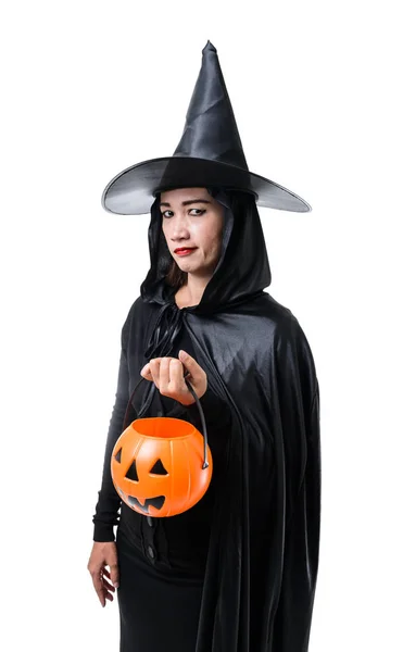 Portrait Femme Noir Costume Effrayant Halloween Sorcière Debout Avec Chapeau — Photo