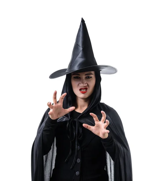 Fekete Ijesztő Portréja Boszorkány Halloween Jelmez Kalappal Állt Motyog Elszigetelt — Stock Fotó