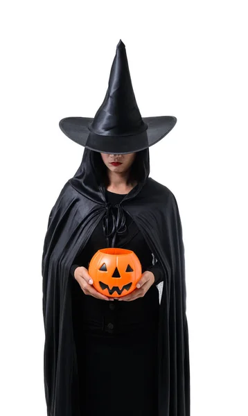 Portrait Femme Noir Costume Effrayant Halloween Sorcière Debout Avec Chapeau — Photo