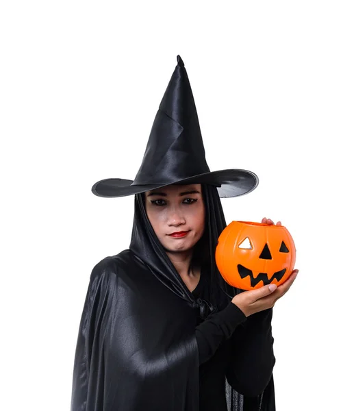 Ritratto Donna Costume Halloween Strega Nera Spaventosa Piedi Con Cappello — Foto Stock