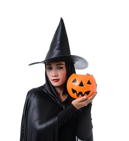 Ritratto Donna Costume Halloween Strega Nera Spaventosa Piedi Con Cappello — Foto Stock