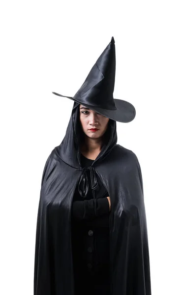 Portrait Femme Noir Costume Effrayant Sorcière Halloween Debout Avec Chapeau — Photo