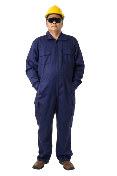 Full Body Portrait Worker Mechanic Jumpsuit Helmet Safety Goggles Isolated — Stock Photo, Image