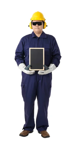 Retrato Corpo Inteiro Trabalhador Macacão Mecânico Com Capacete Auriculares Luvas — Fotografia de Stock