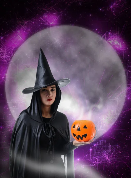 Portrait Woman Black Scary Witch Halloween Costume Holding Halloween Pumpkin — Stock Photo, Image